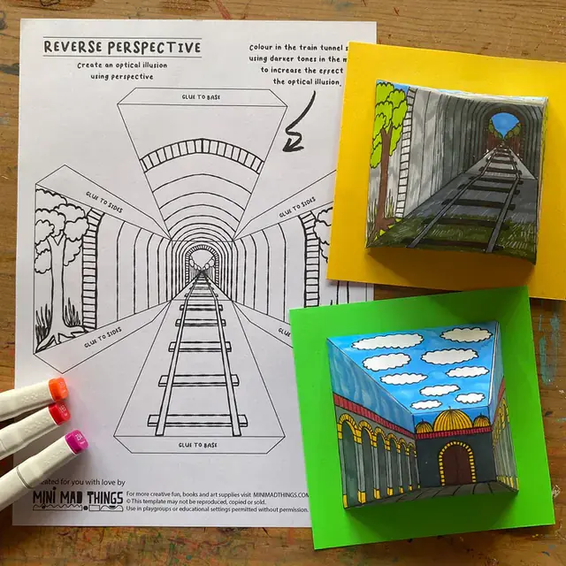 Exemplo de molde de perspectiva reversa com ilusão de ótica 3D