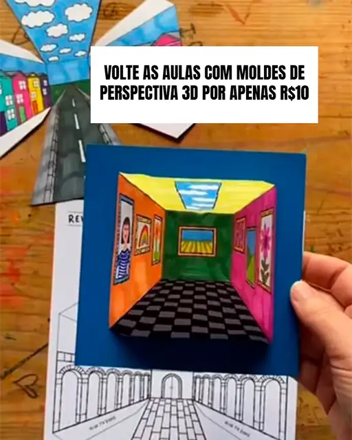 Sala de arte 3D montada em papel com efeito de ilusão de ótica
